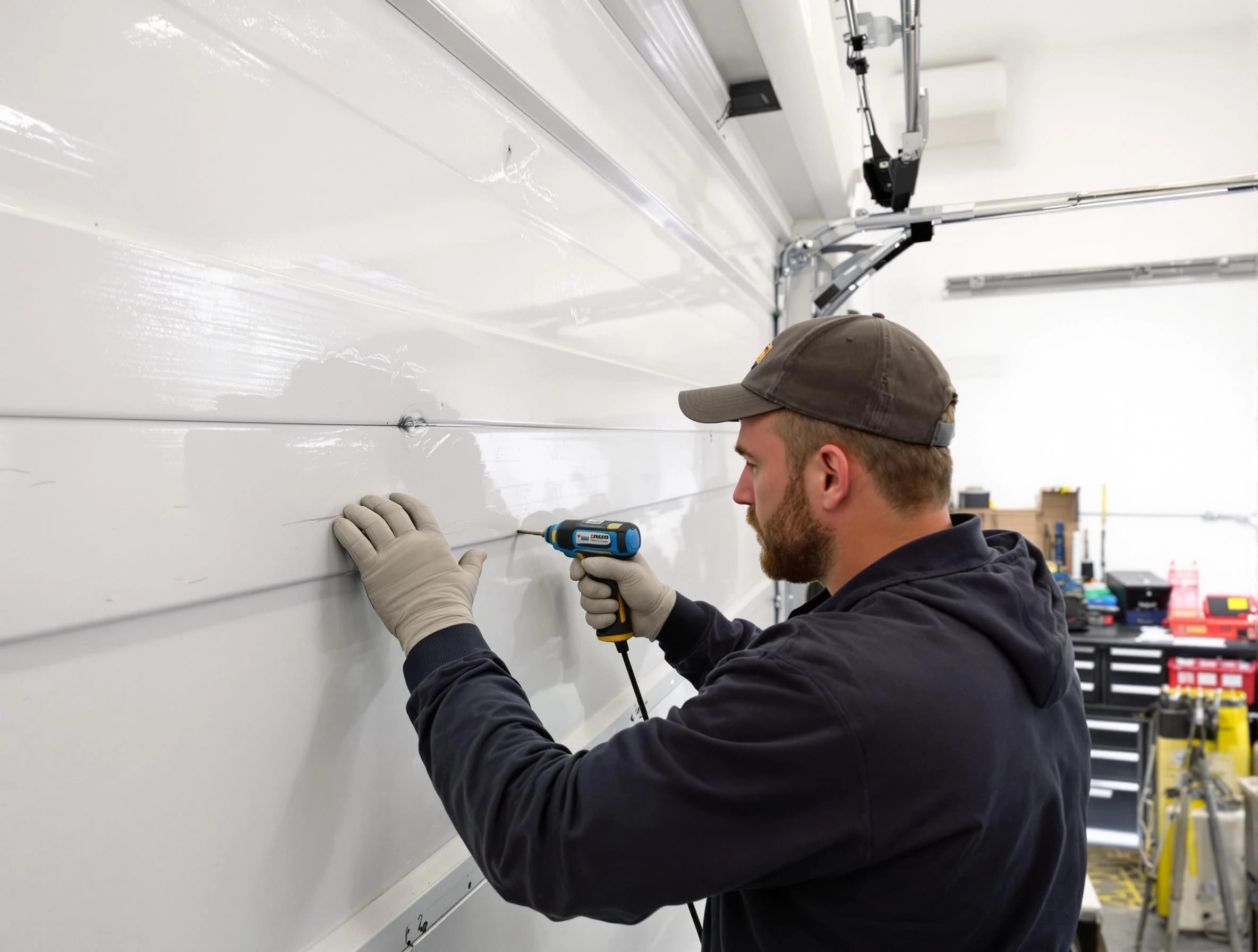 Mesa Garage Door Repair technician demonstrating precision dent removal techniques on a Mesa garage door